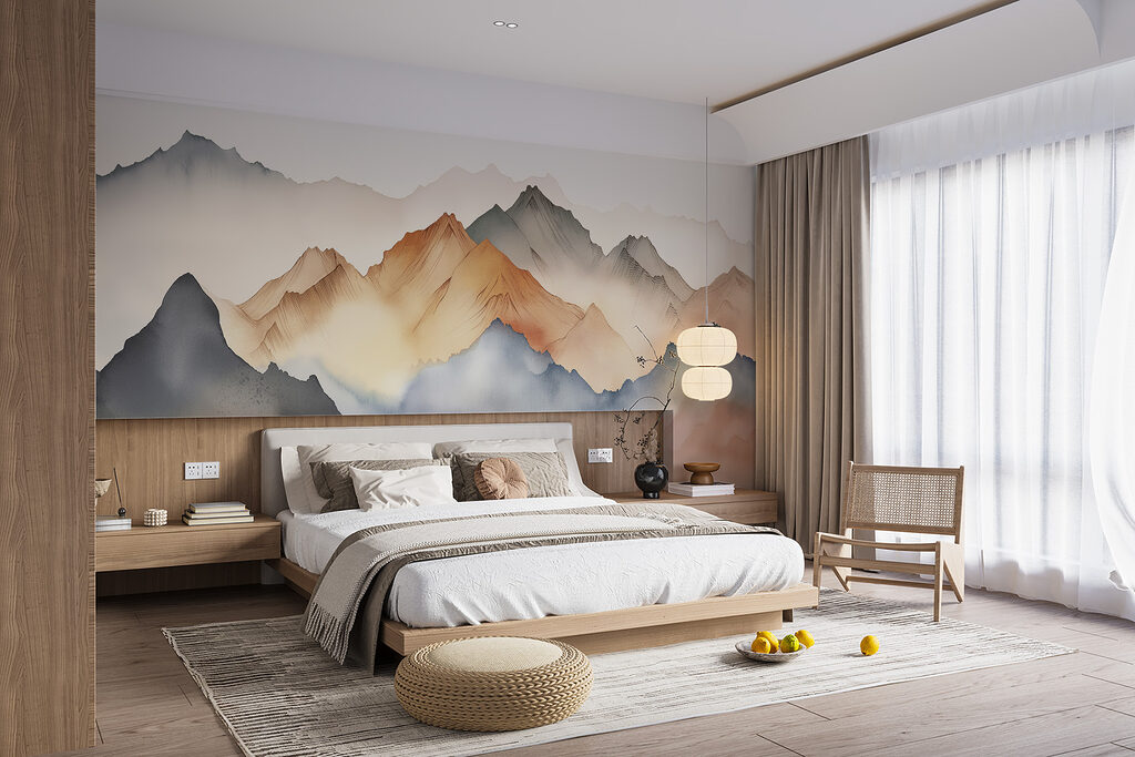 Berge in warmem Aquarell in einem Interieur