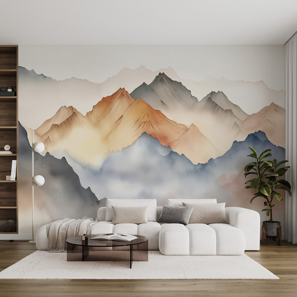 Berge in warmem Aquarell in einem Interieur