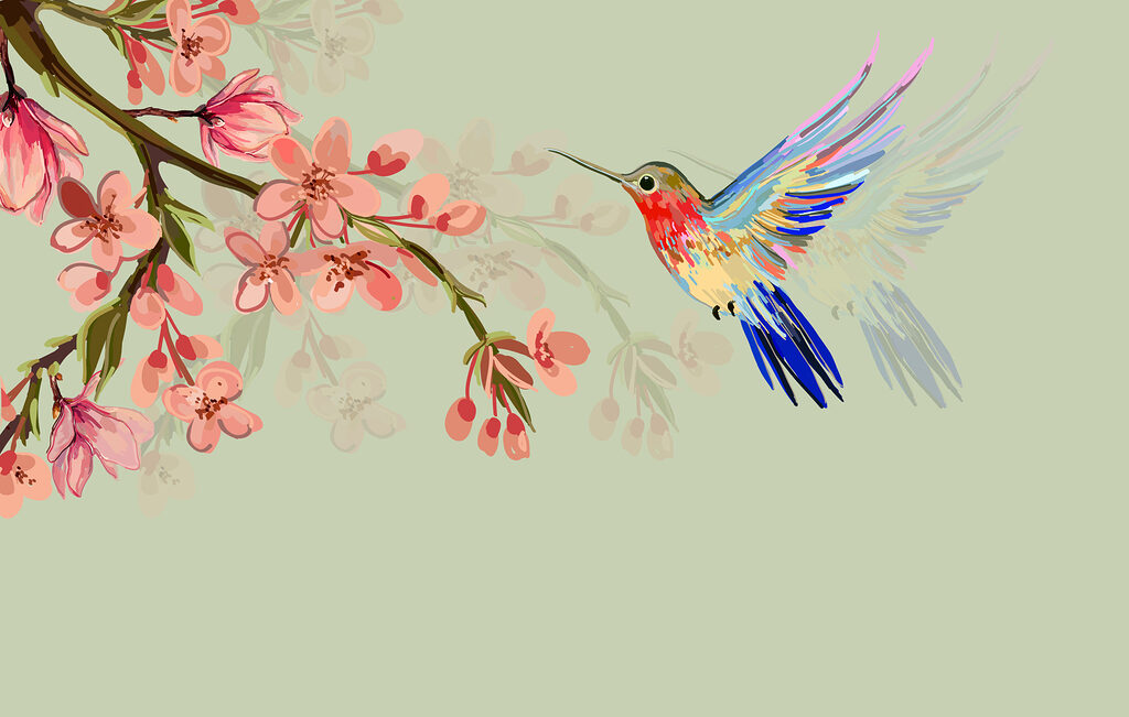 Kolibri am Blütenzweig — ganzes Design
