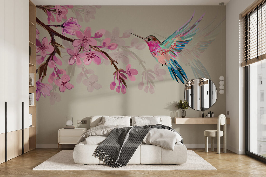 Kolibri am Blütenzweig in einem Interieur