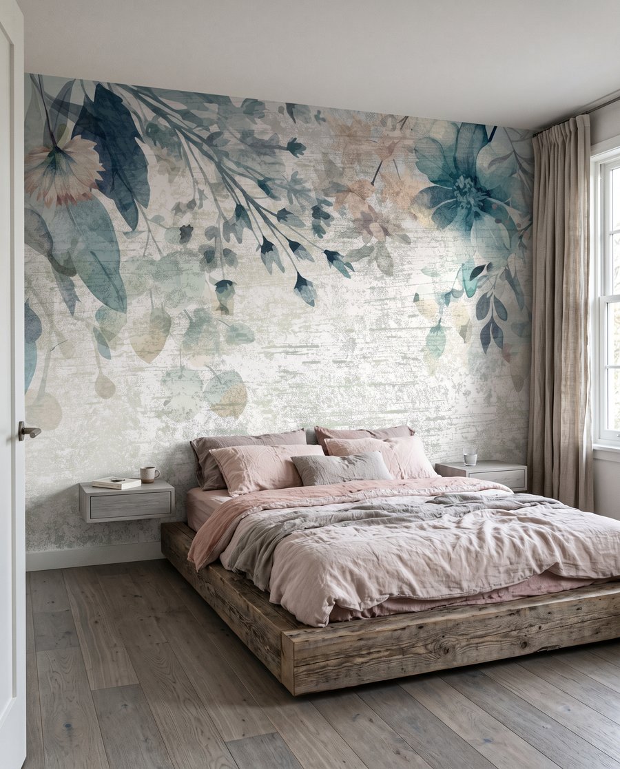 Blaue Blüten auf Patina in einem Interieur