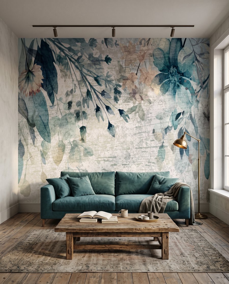 Blaue Blüten auf Patina in einem Interieur