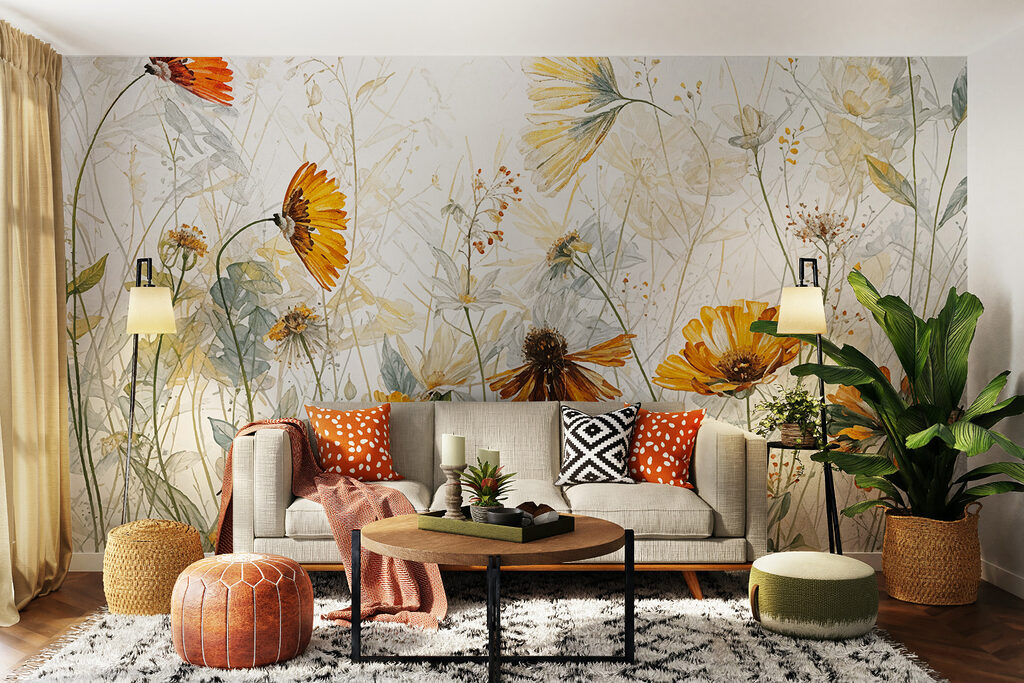 Gelbe Blüten im Gegenlicht in einem Interieur