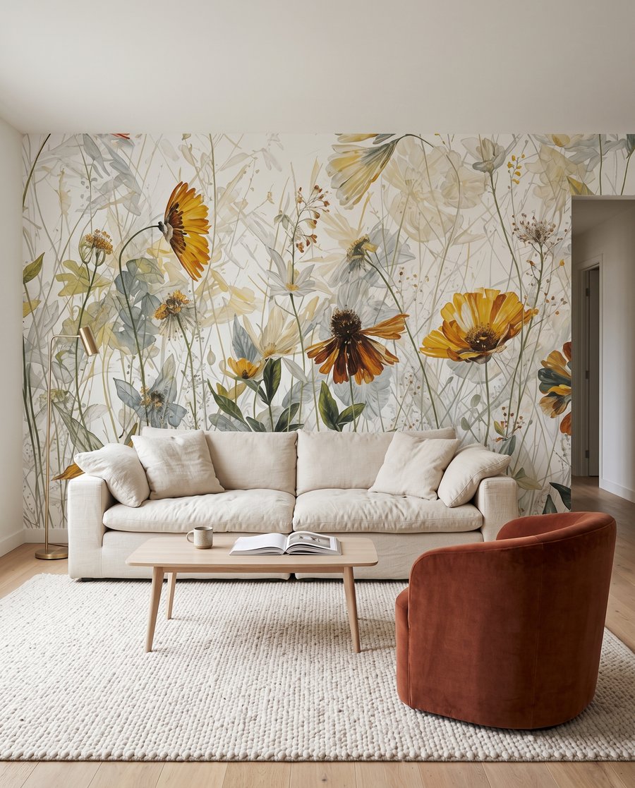 Gelbe Blüten im Gegenlicht in einem Interieur