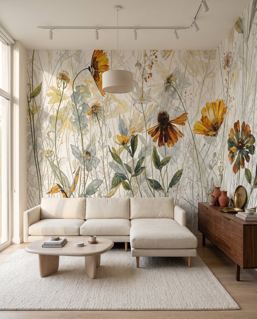 Gelbe Blüten im Gegenlicht in einem Interieur