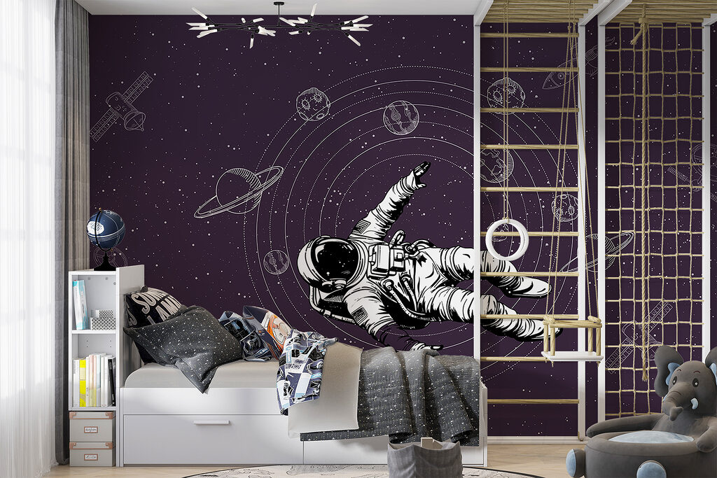 Astronaut zwischen Planetenbahnen in einem Interieur