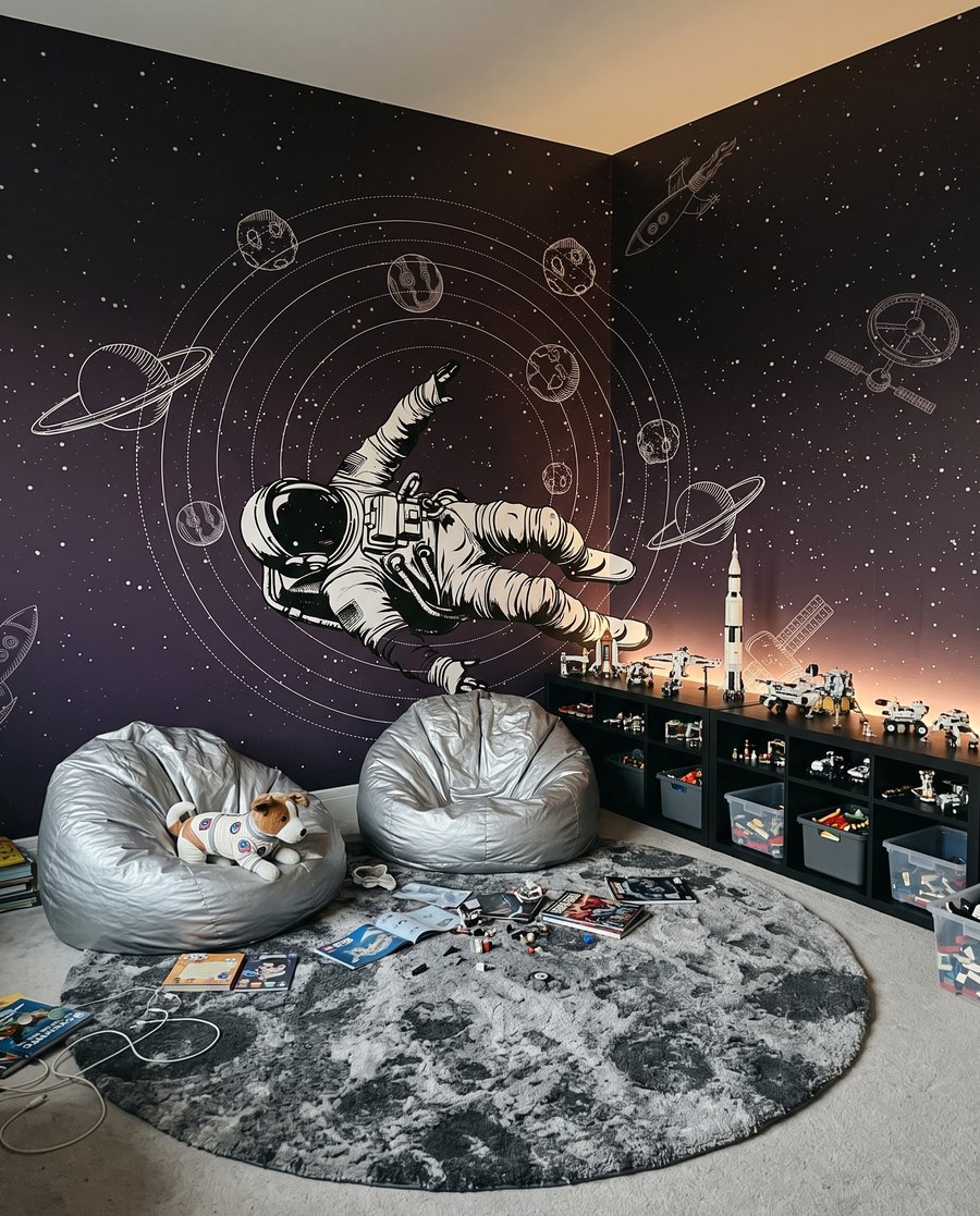 Astronaut zwischen Planetenbahnen in einem Interieur