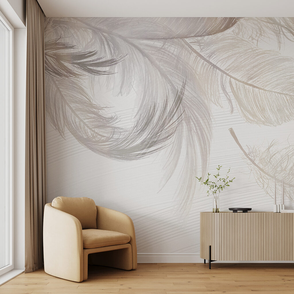 Schwebende weiße Federn in einem Interieur