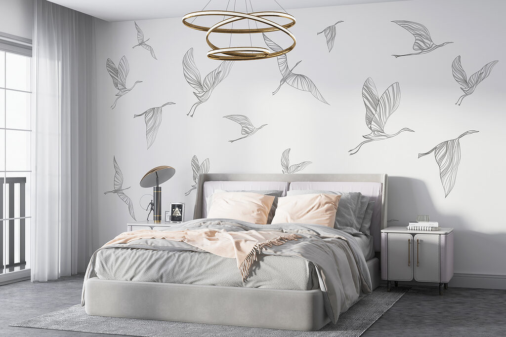Kraniche in feinen Linien in einem Interieur