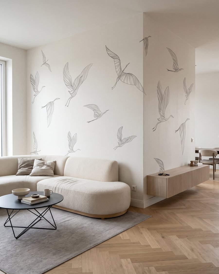 Kraniche in feinen Linien in einem Interieur