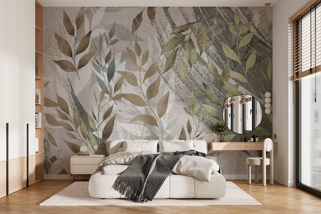 Blattzweige auf rauen Schichten in einem Interieur