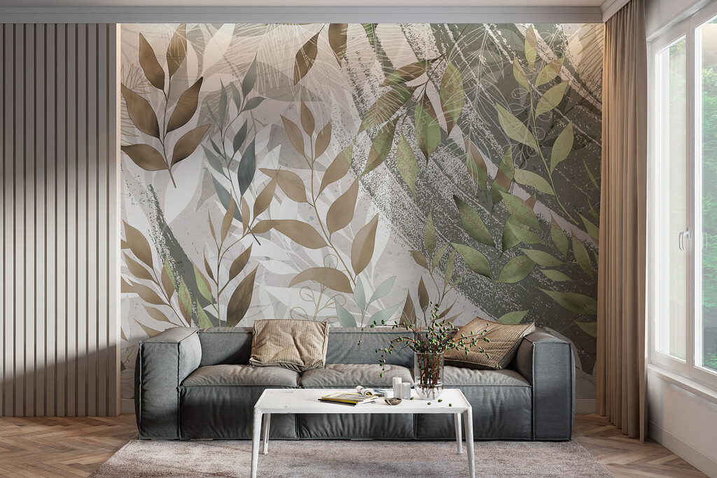 Blattzweige auf rauen Schichten in einem Interieur