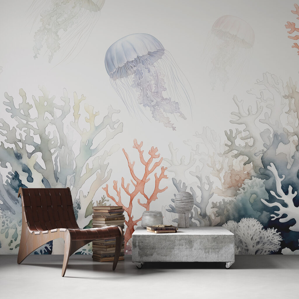 Qualle über blassen Korallen in einem Interieur