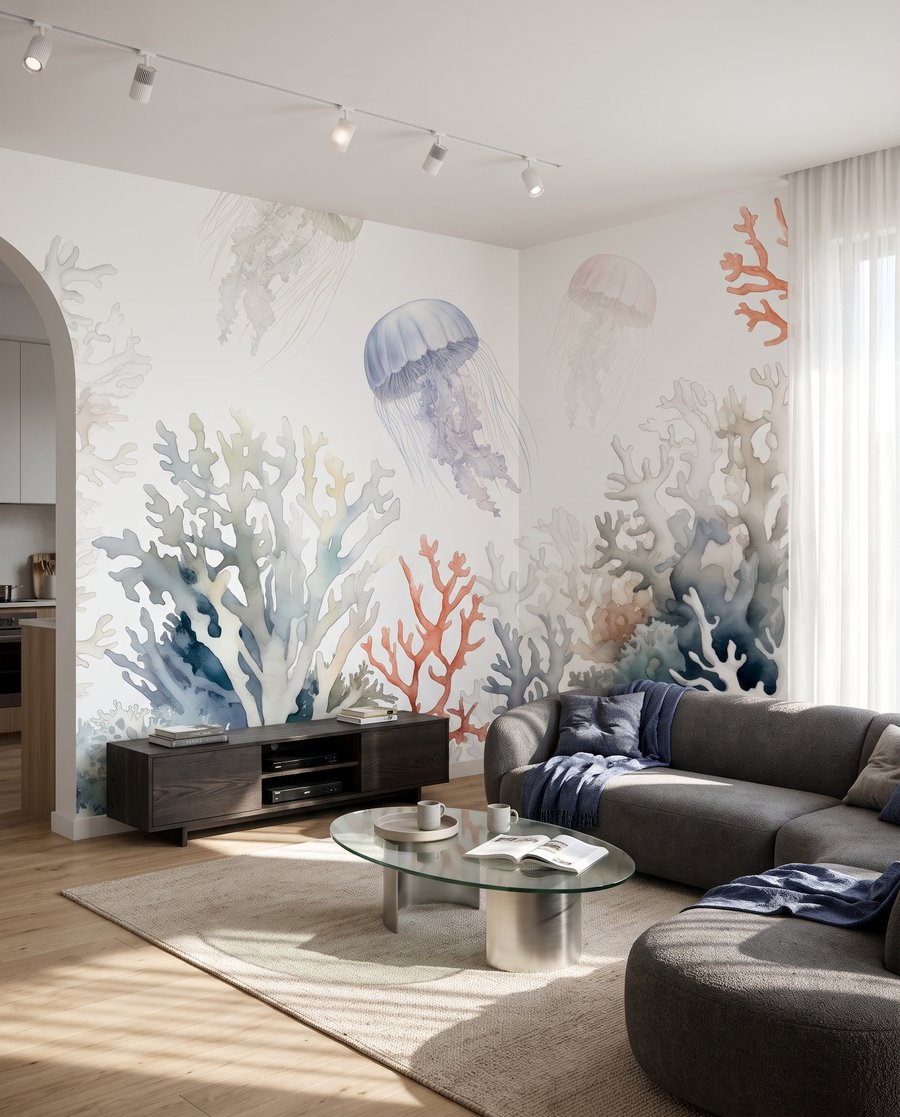 Qualle über blassen Korallen in einem Interieur