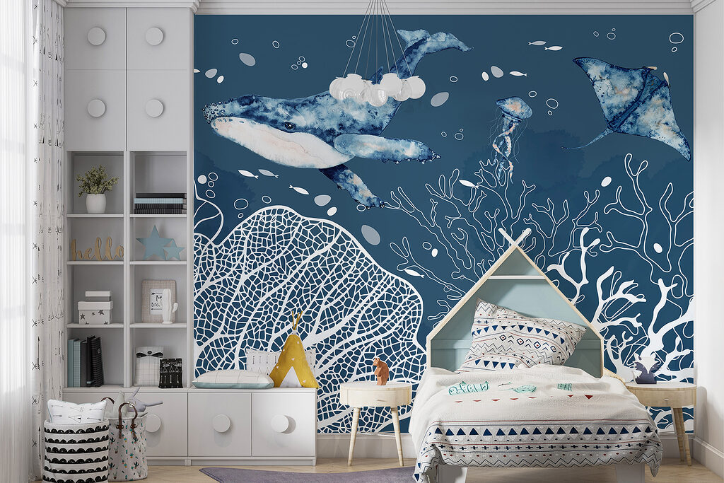 Wal über Korallen in einem Interieur
