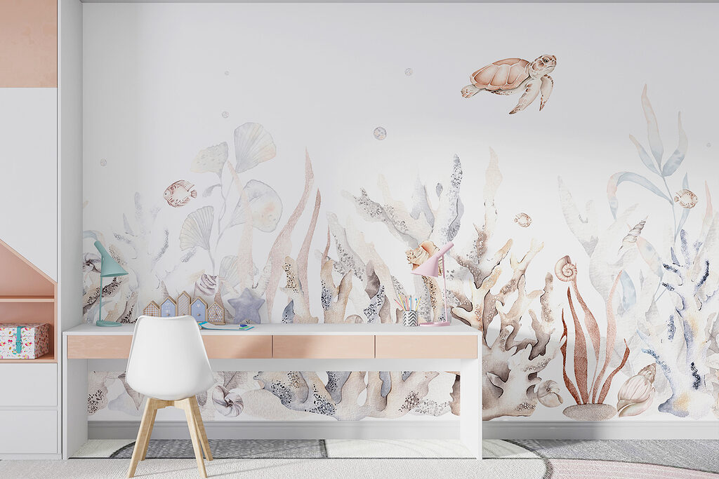 Schildkröte über Meeresgärten in einem Interieur