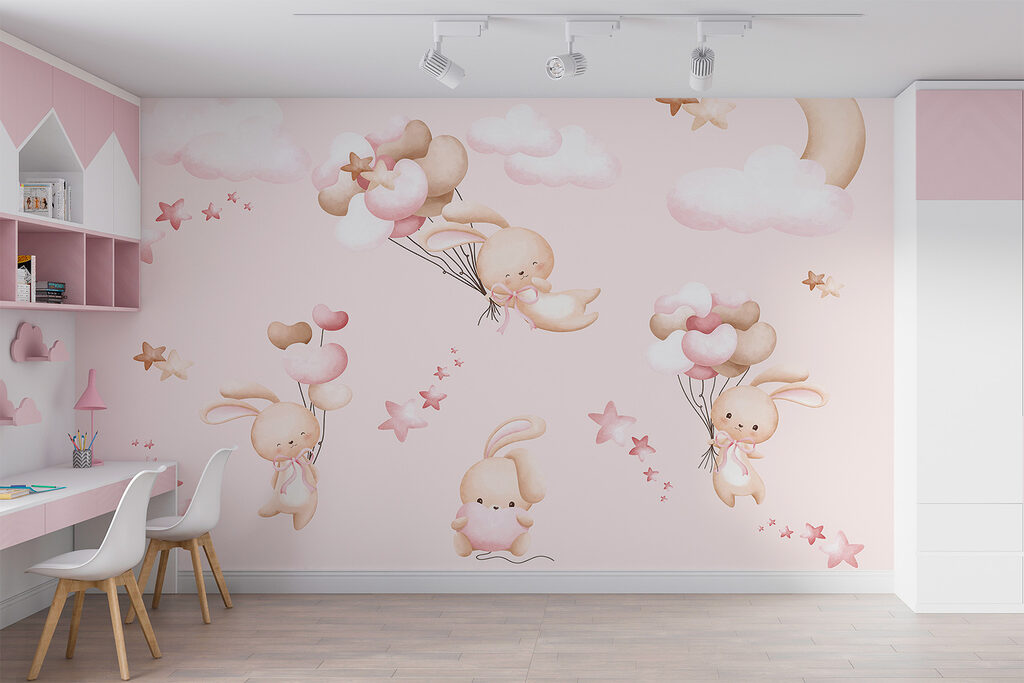 Häschen mit rosa Ballons in einem Interieur