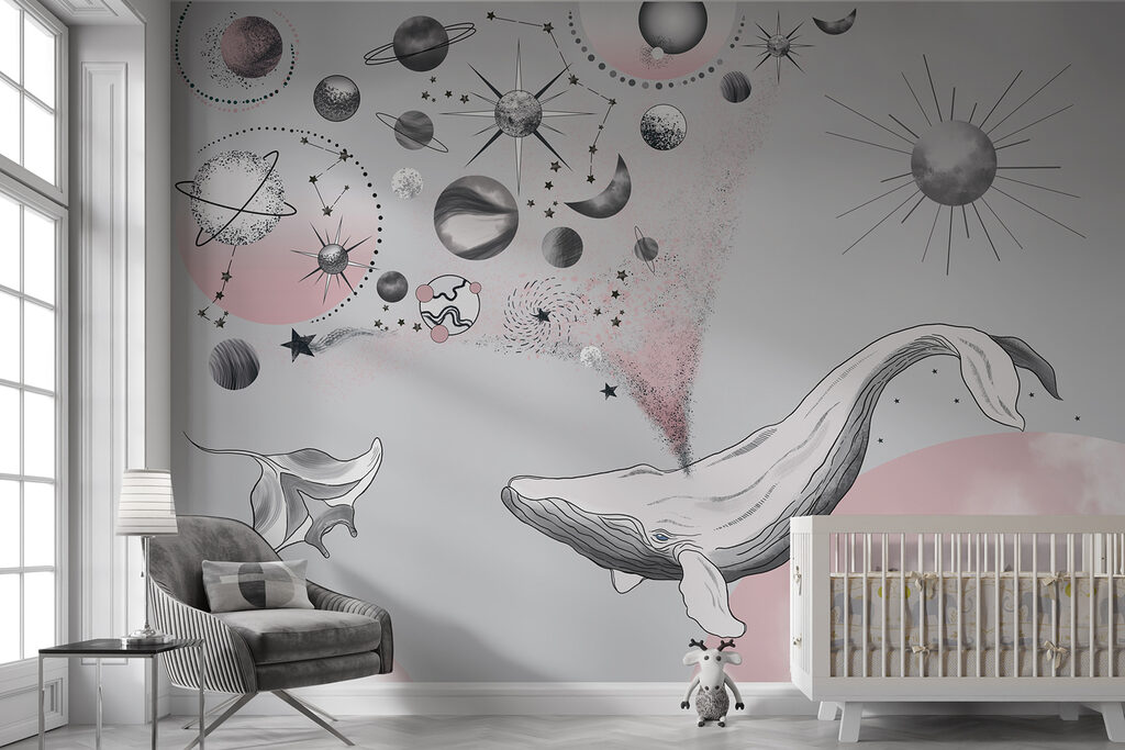 Wale im Planetenhimmel in einem Interieur