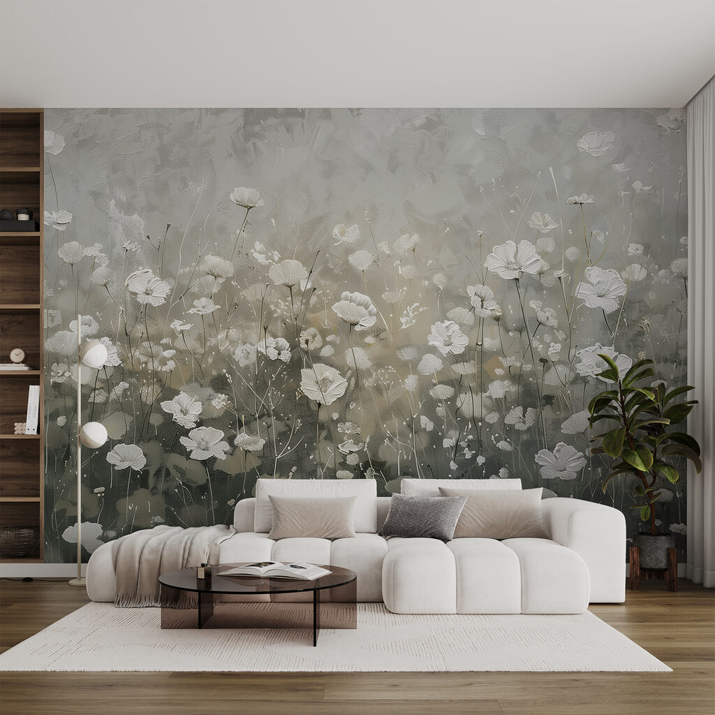 Weiße Blüten im Dämmerlicht in einem Interieur