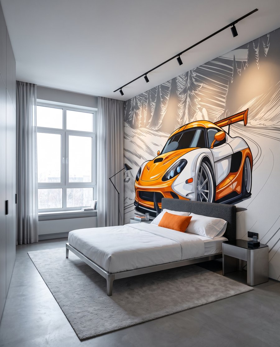 Sportwagen in der Kurve in einem Interieur