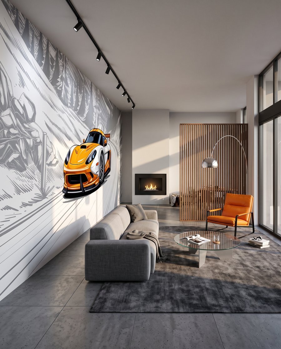 Sportwagen in der Kurve in einem Interieur