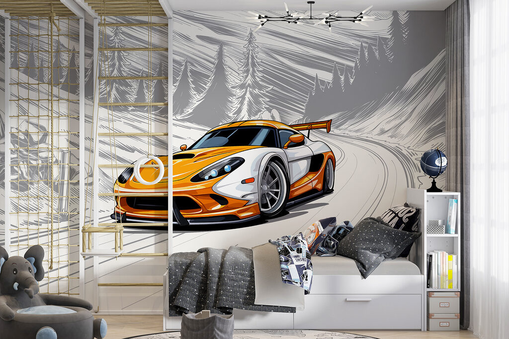 Sportwagen in der Kurve in einem Interieur