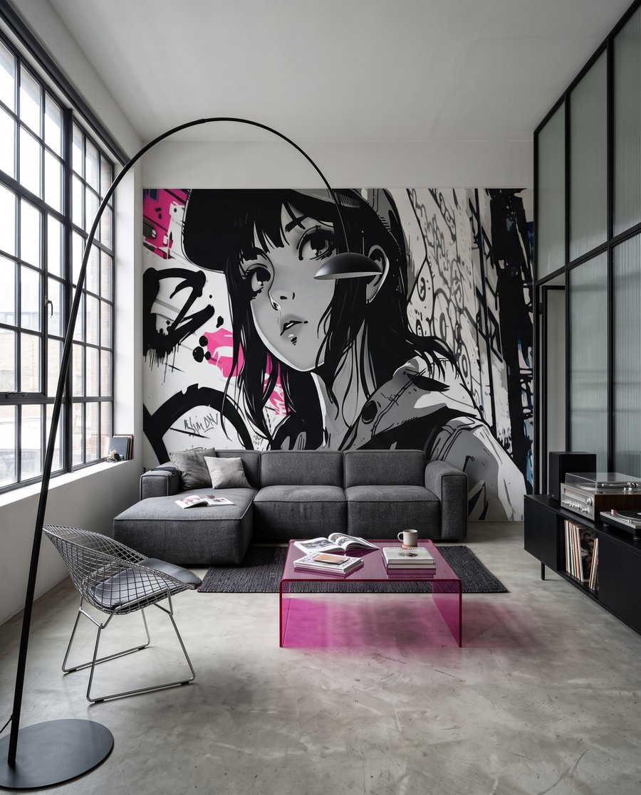 Mädchen zwischen Graffiti in einem Interieur