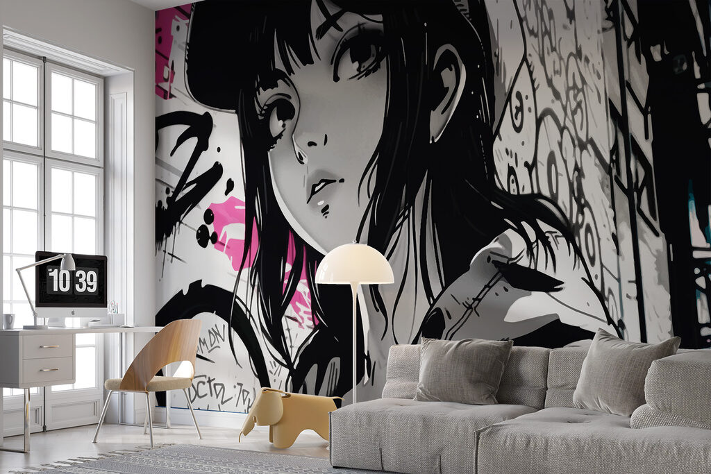 Mädchen zwischen Graffiti in einem Interieur