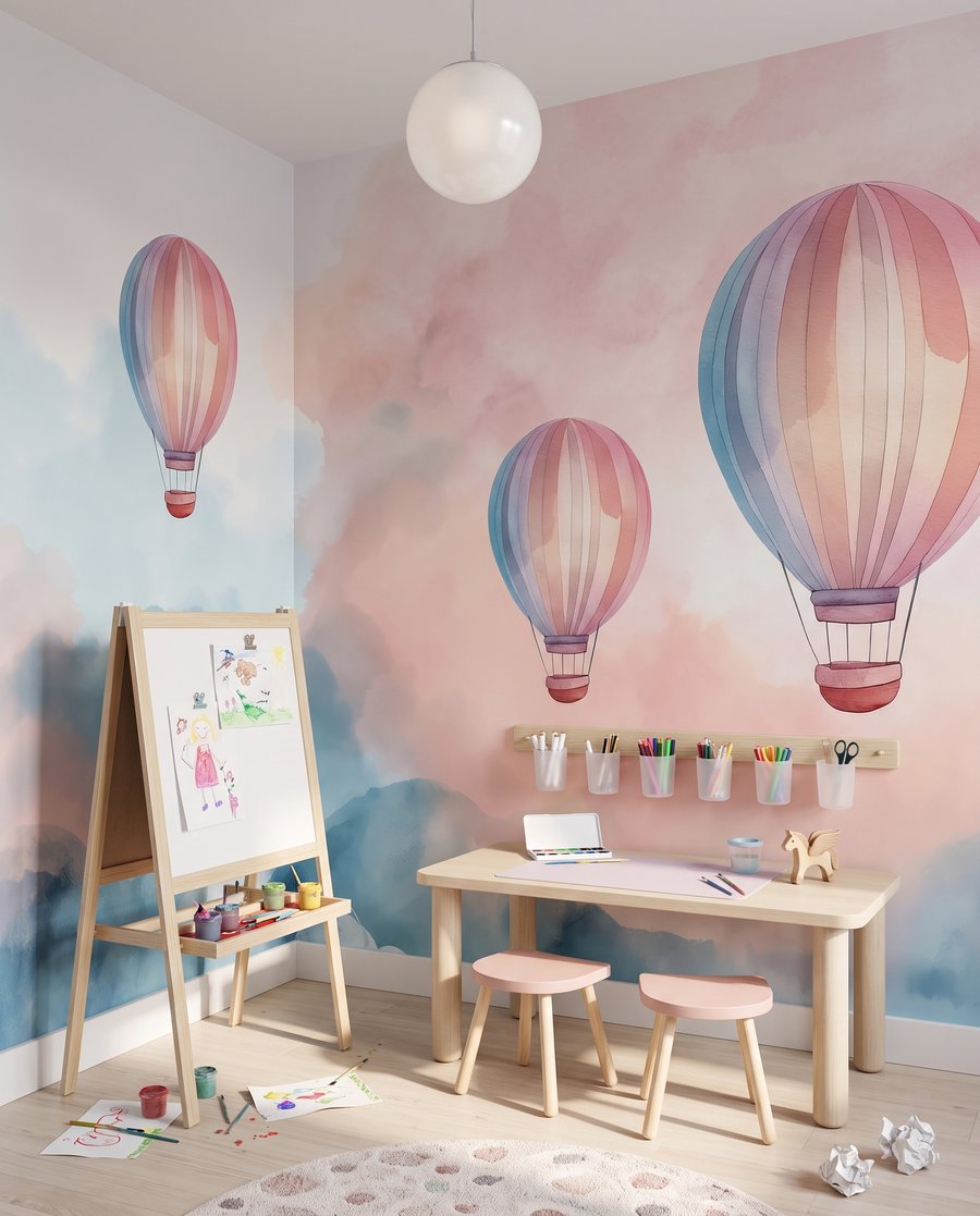 Drei Ballons über Wolken in einem Interieur