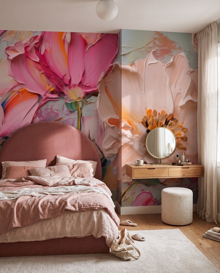 Rosa Blüten in Pinselstrichen in einem Interieur
