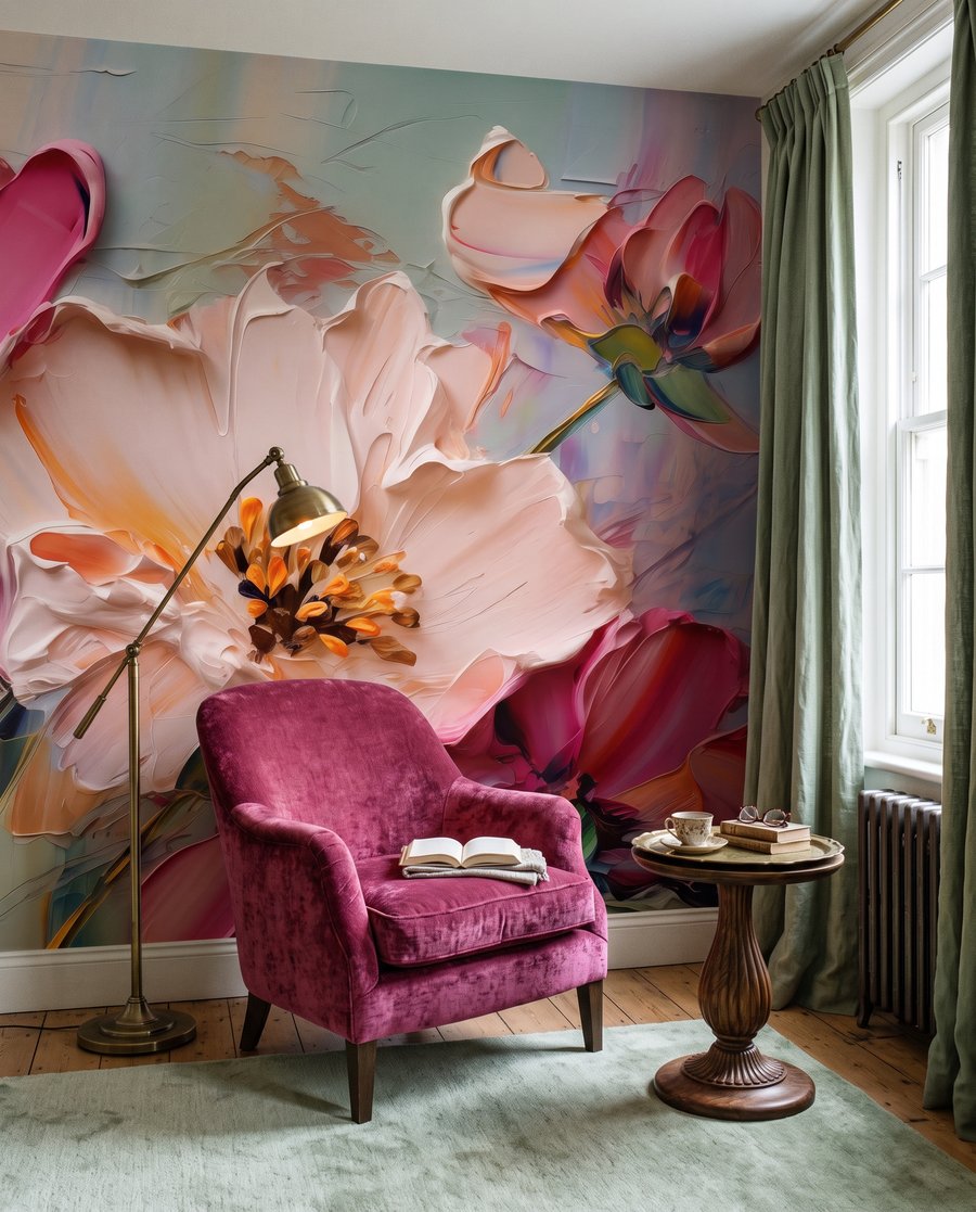 Rosa Blüten in Pinselstrichen in einem Interieur