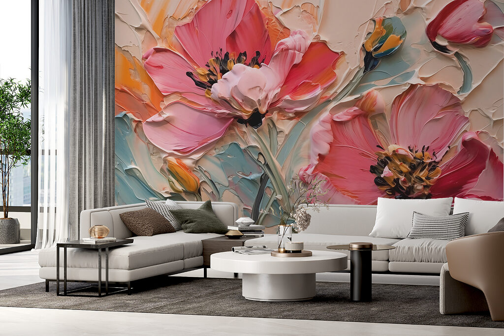Korallenrosa Blüten in einem Interieur