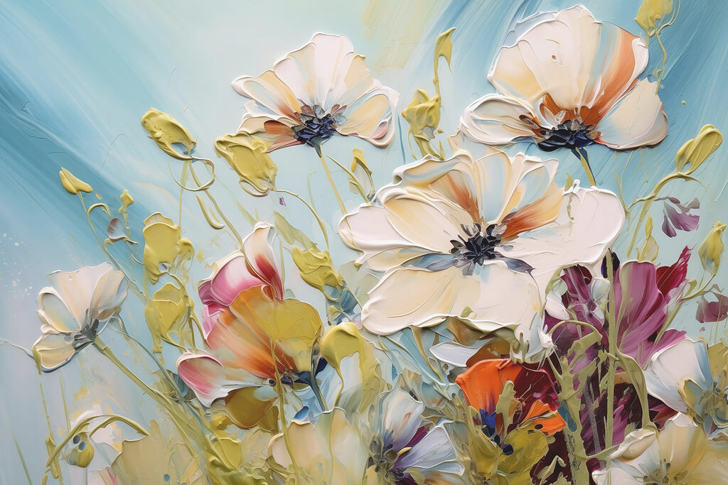 Weiße Blüten vor Himmelblau — ganzes Design