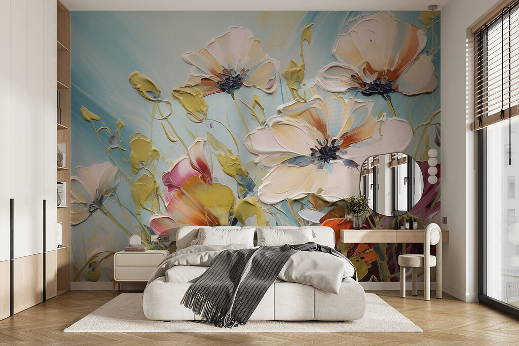 Weiße Blüten vor Himmelblau in einem Interieur