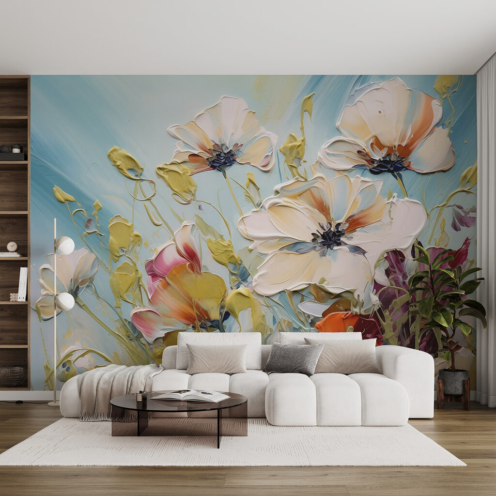 Weiße Blüten vor Himmelblau in einem Interieur