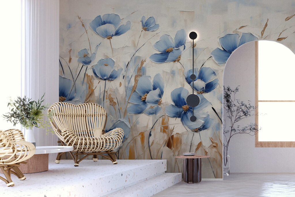 Blaue Blumen im Korn in einem Interieur