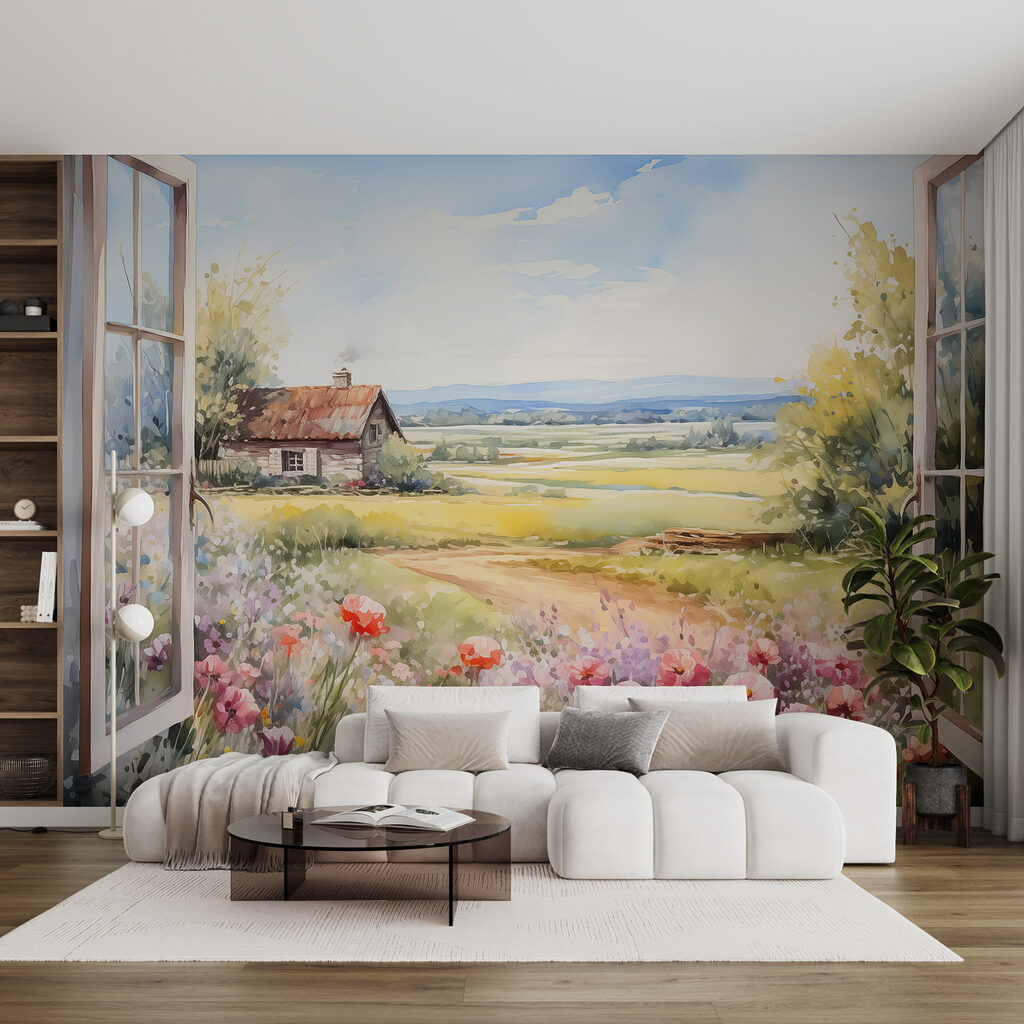 Fenster zum Blumenfeld in einem Interieur