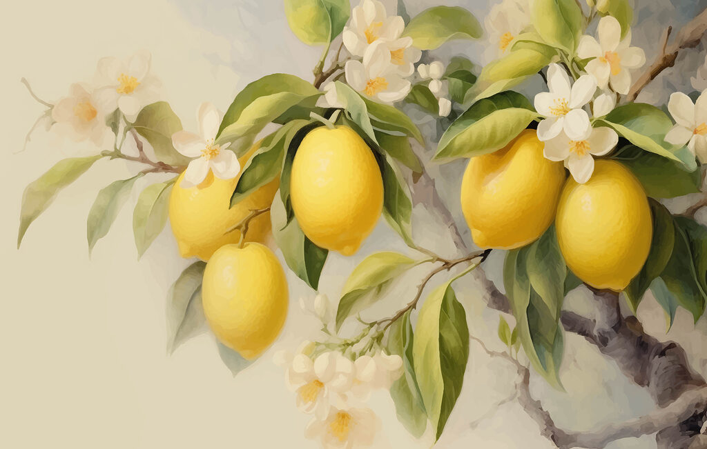 Zitronen mit weißen Blüten — ganzes Design