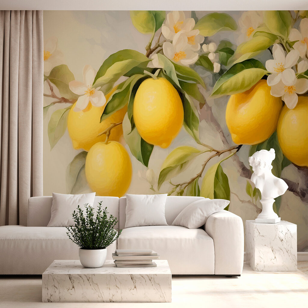 Zitronen mit weißen Blüten in einem Interieur