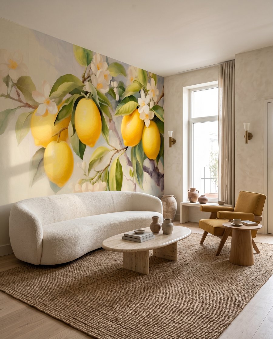 Zitronen mit weißen Blüten in einem Interieur