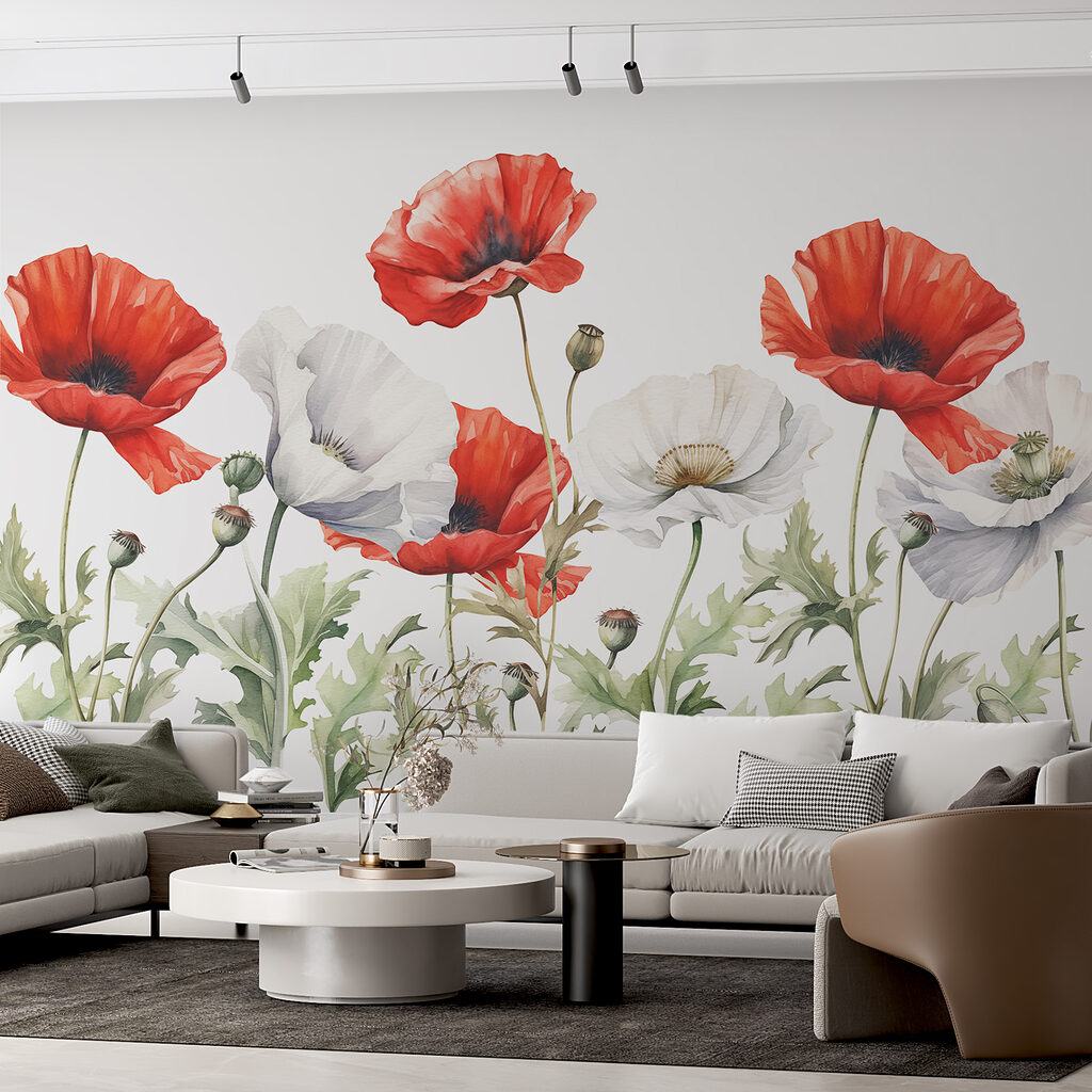 Rote und weiße Mohnblumen in einem Interieur