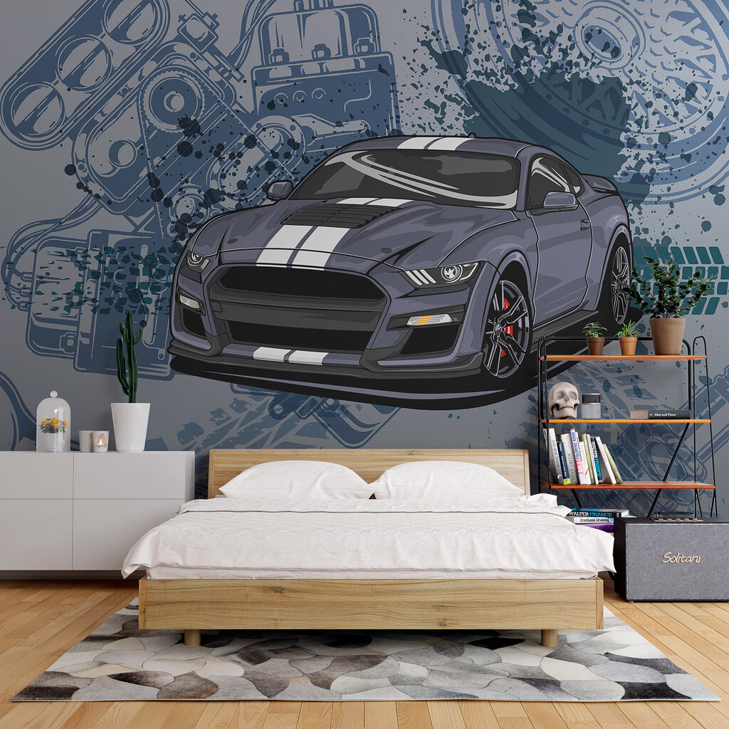 Sportwagen und Technikskizzen in einem Interieur