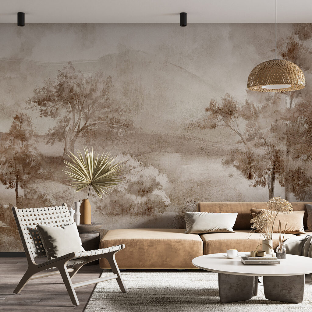 Bäume vor nebligen Hügeln in einem Interieur