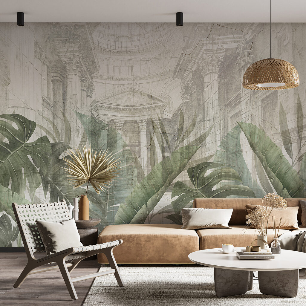Blätter vor dem Wintergarten in einem Interieur