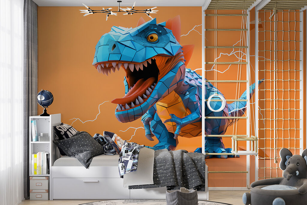 Blauer Dino mit Blitzen in einem Interieur