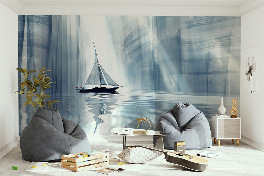 Segelboot zwischen blauen Wänden in einem Interieur