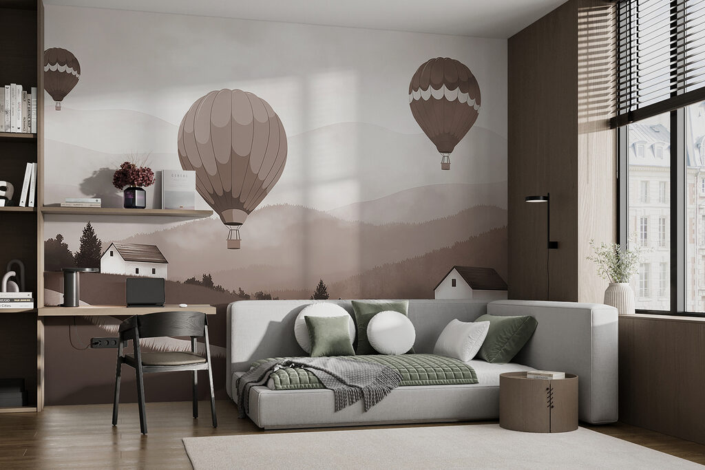 Heißluftballons über dem Dorf in einem Interieur
