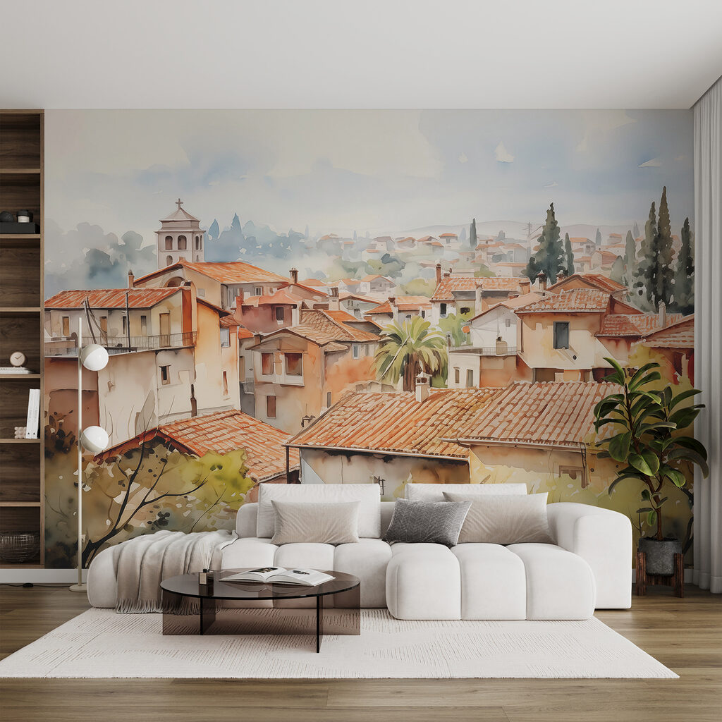 Dächer in Aquarell in einem Interieur