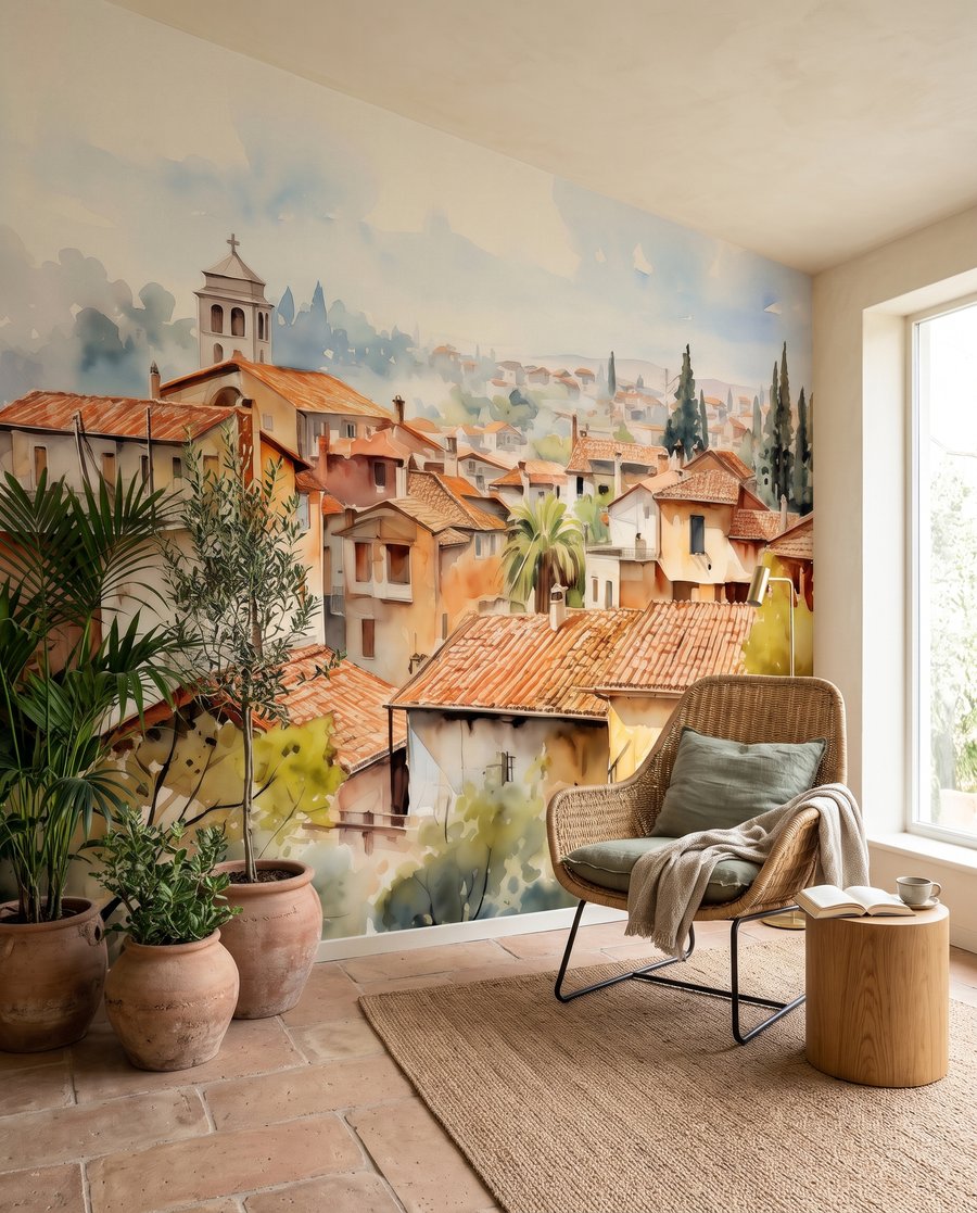 Dächer in Aquarell in einem Interieur