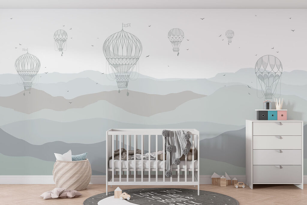 Heißluftballons über sanften Hügeln in einem Interieur